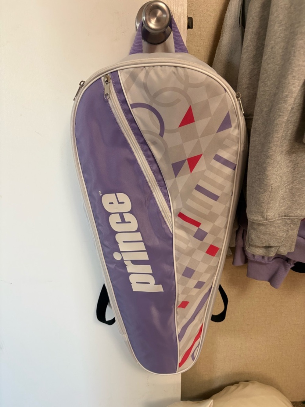 Prince Purple and Light Gray Tennis Racket Bag with matching racket
